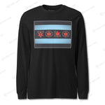 Light gray YOLO-Chicago Flag Long Sleeve Crew T-Shirt styled casually with jeans, featuring a red YOLO logo and flag stripes.