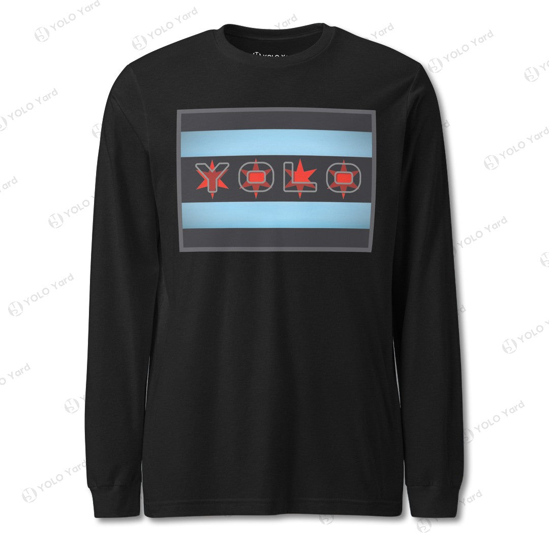 Light gray YOLO-Chicago Flag Long Sleeve Crew T-Shirt styled casually with jeans, featuring a red YOLO logo and flag stripes.