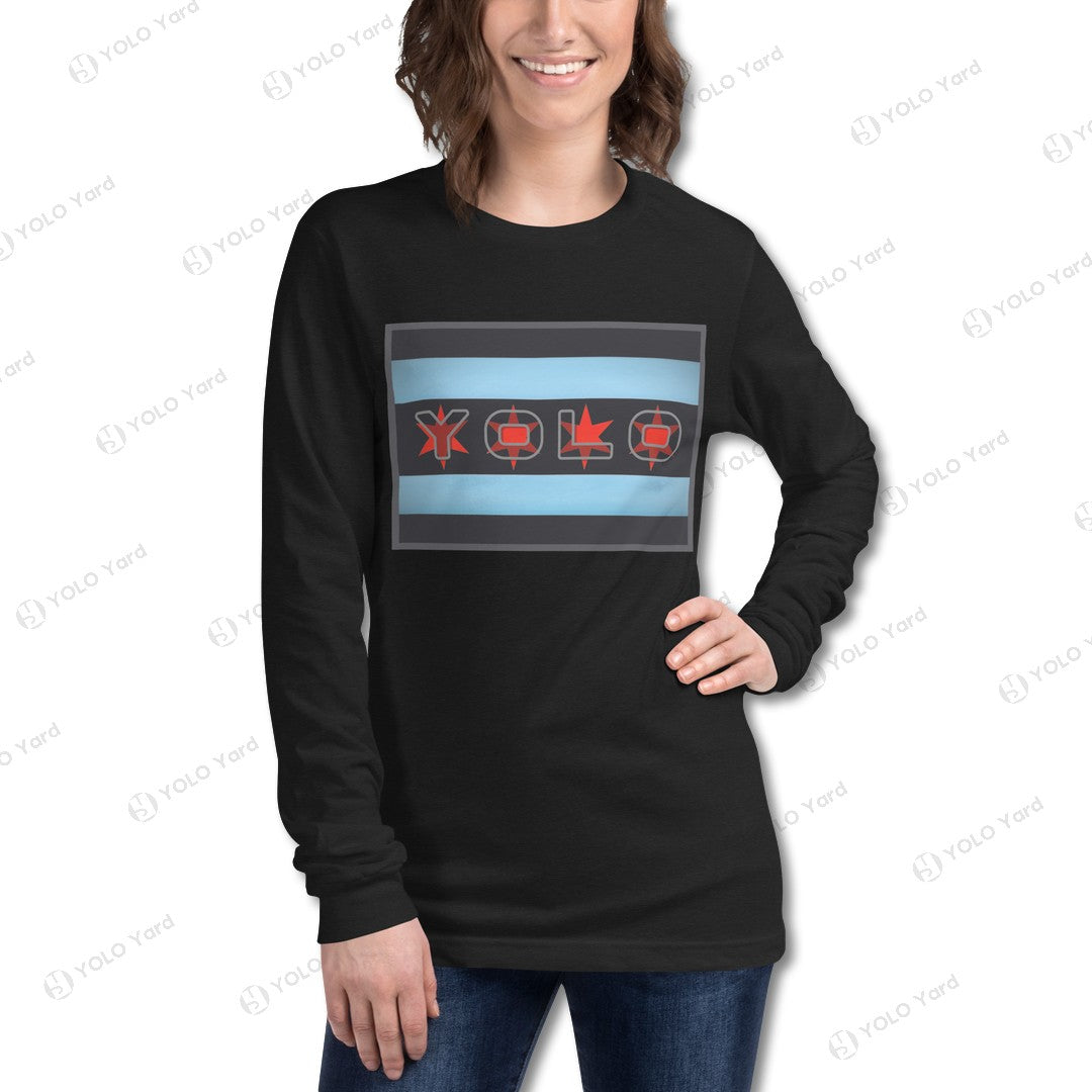 Black YOLO-Chicago Flag Long Sleeve Crew T-Shirt worn by a woman, featuring a red YOLO design and Chicago flag stripes.