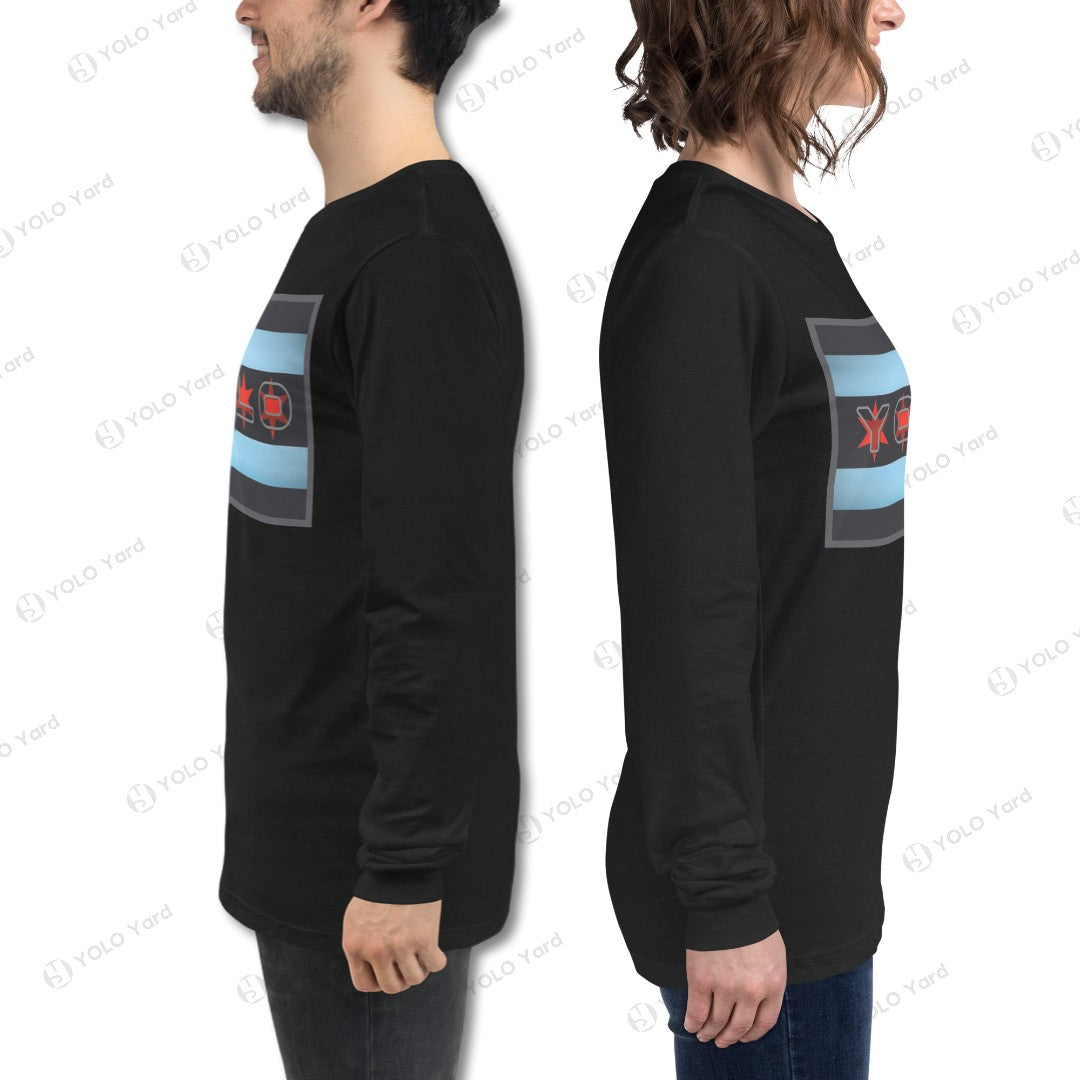 Side profile of a man and woman wearing black YOLO-Chicago Flag Long Sleeve Crew T-Shirts with bold red YOLO graphics.