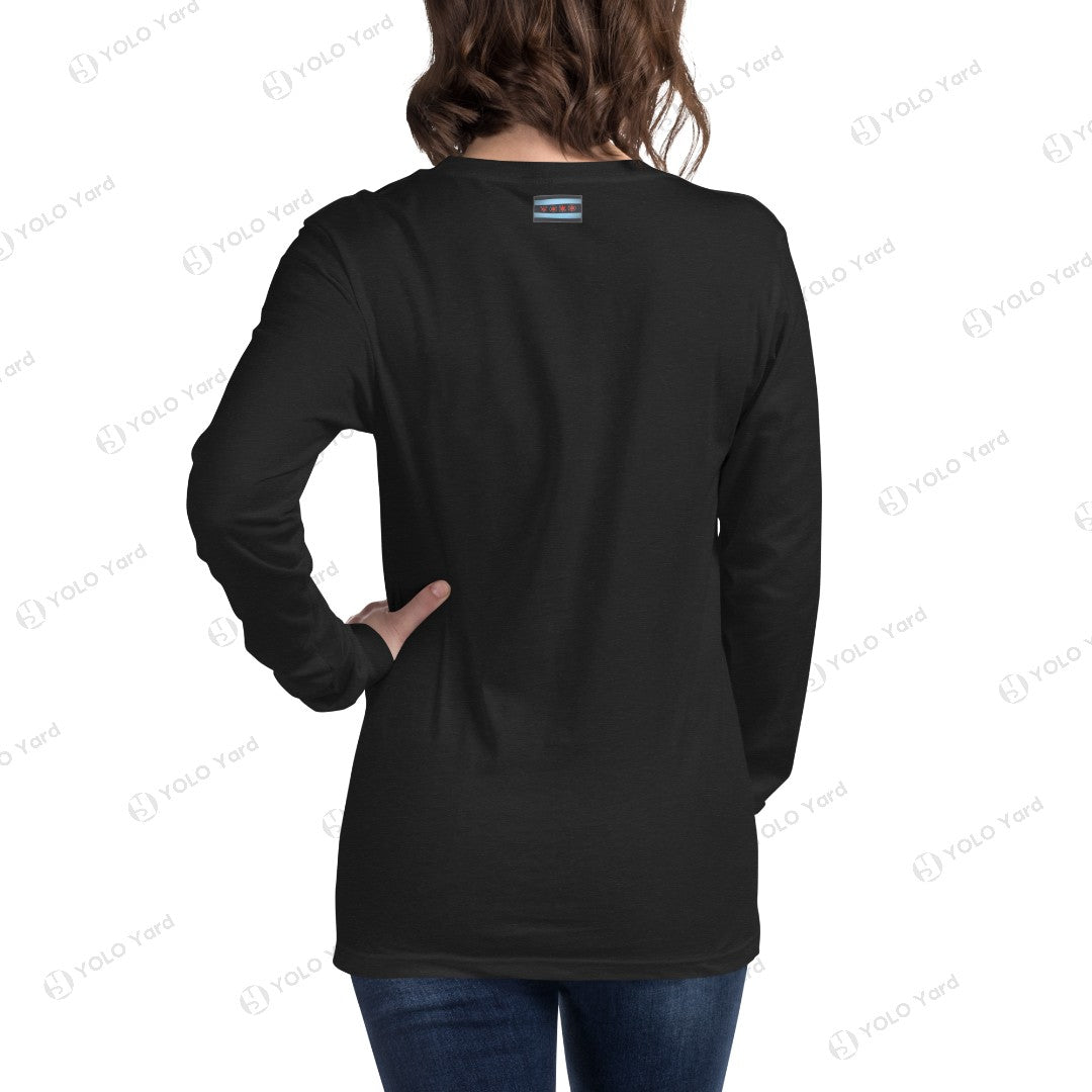 Back view of black YOLO-Chicago Flag Long Sleeve Crew T-Shirt styled for women with a Chicago flag detail near the neckline.