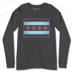 Charcoal gray YOLO-Chicago Flag Long Sleeve Crew T-Shirt showcasing a red YOLO logo and blue flag stripes.