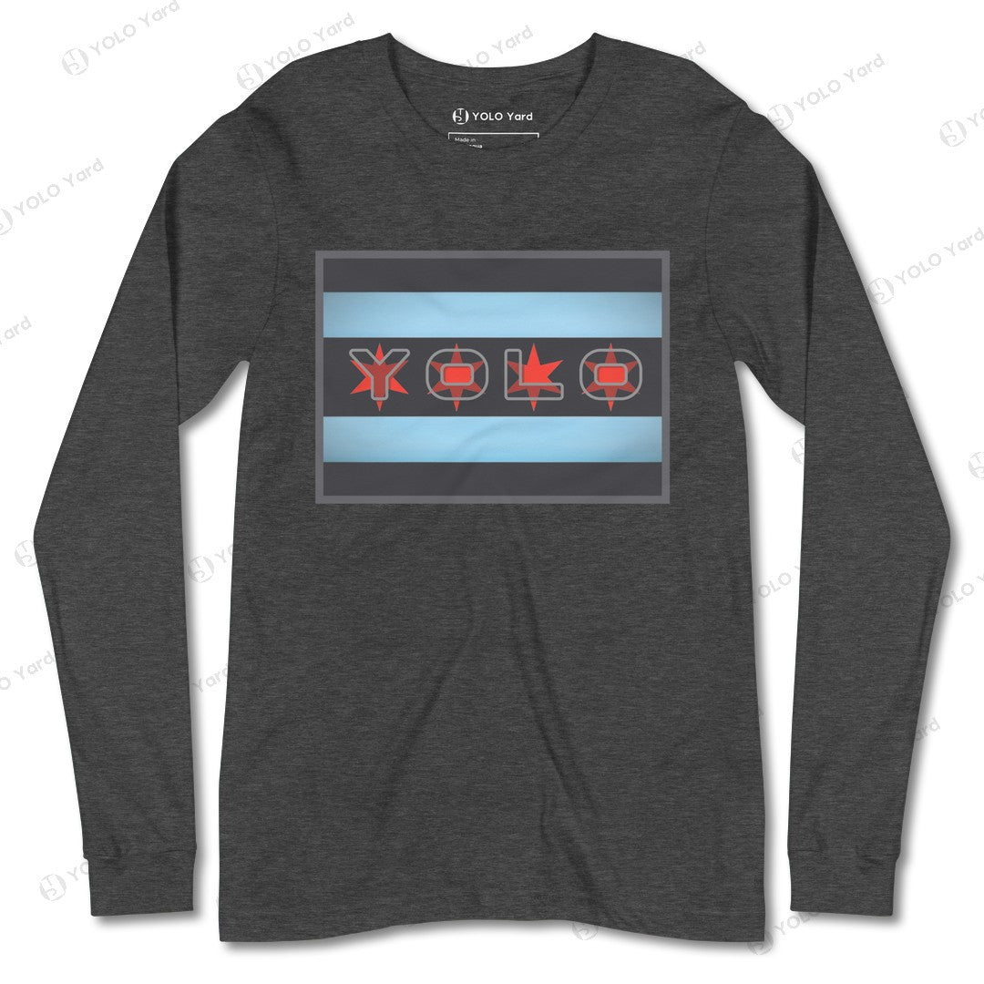 Charcoal gray YOLO-Chicago Flag Long Sleeve Crew T-Shirt showcasing a red YOLO logo and blue flag stripes.