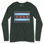 Forest green YOLO-Chicago Flag Long Sleeve Crew T-Shirt with a red YOLO logo and blue Chicago flag stripes.