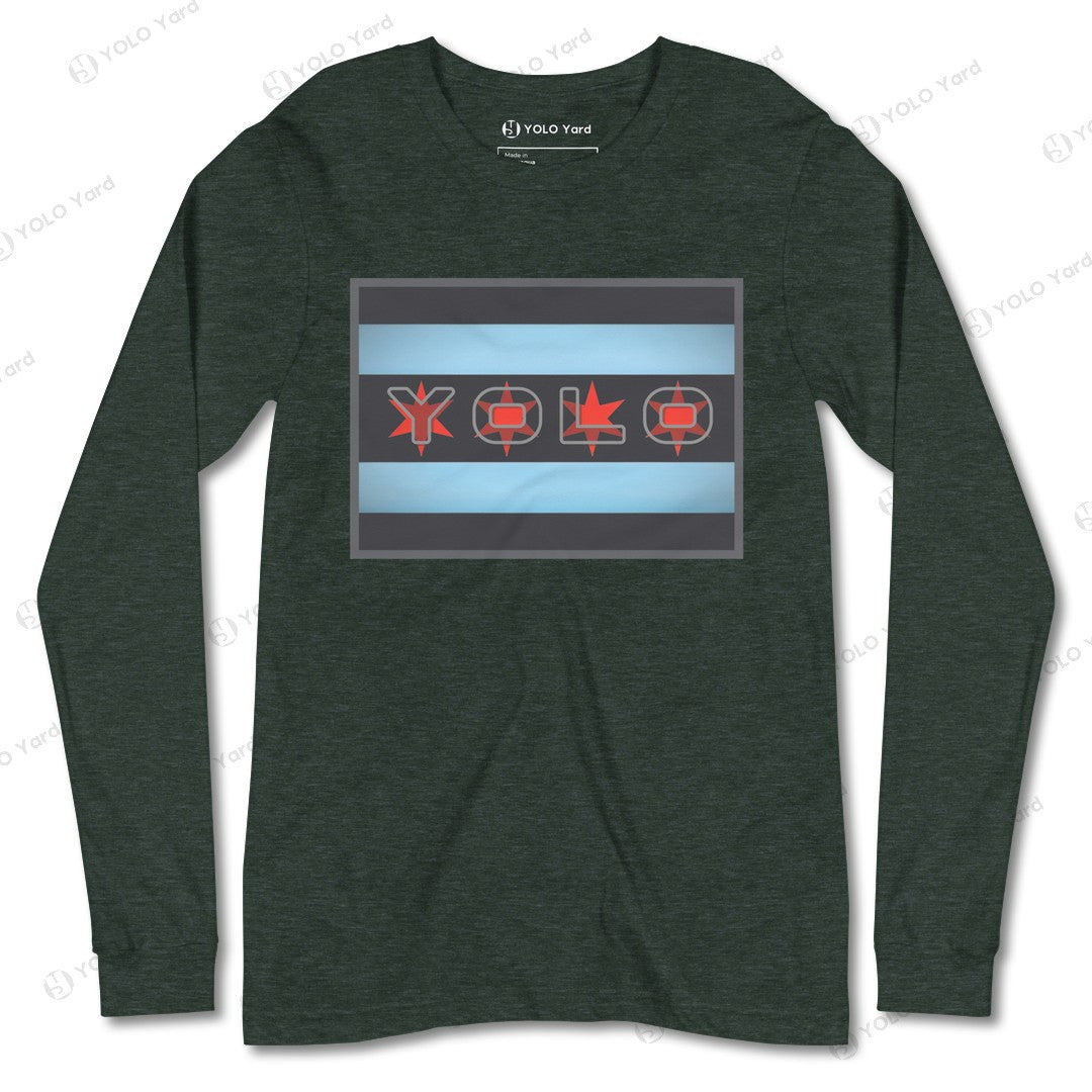 Forest green YOLO-Chicago Flag Long Sleeve Crew T-Shirt with a red YOLO logo and blue Chicago flag stripes.