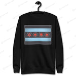 Black YOLO-Chicago Flag Ultra-Soft Premium Crew Neck Sweater on a hanger, showcasing its bold Chicago flag-inspired design.