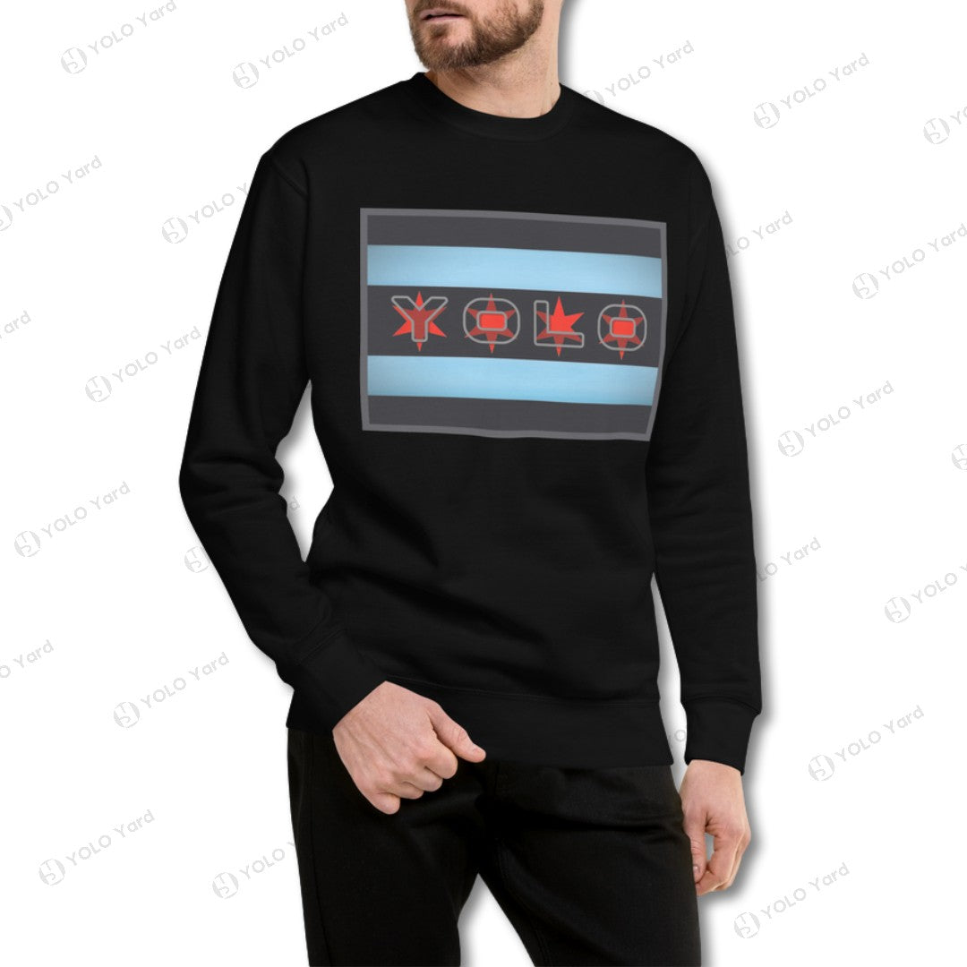 Black YOLO-Chicago Flag Ultra-Soft Premium Crew Neck Sweater showcasing a vibrant Chicago flag-inspired graphic with red and blue details.