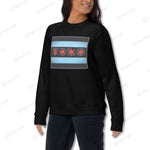 Black unisex YOLO-Chicago Flag Ultra-Soft Premium Crew Neck Sweater styled for women, featuring a bold Chicago flag-inspired design.