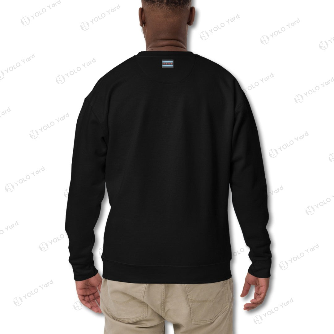 Back view of black YOLO-Chicago Flag Ultra-Soft Premium Crew Neck Sweater highlighting its clean design and premium stitching details.