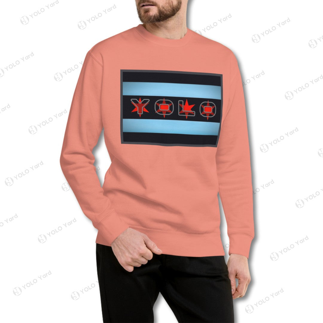 Peach YOLO-Chicago Flag Ultra-Soft Premium Crew Neck Sweater showcasing a Chicago flag-inspired design with vibrant red and blue accents.