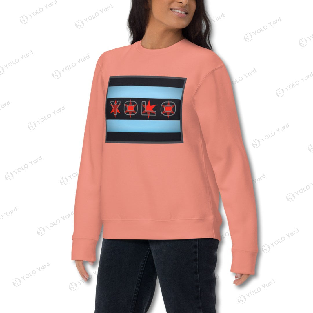 Peach unisex YOLO-Chicago Flag Ultra-Soft Premium Crew Neck Sweater styled for women, featuring a Chicago flag-inspired design.