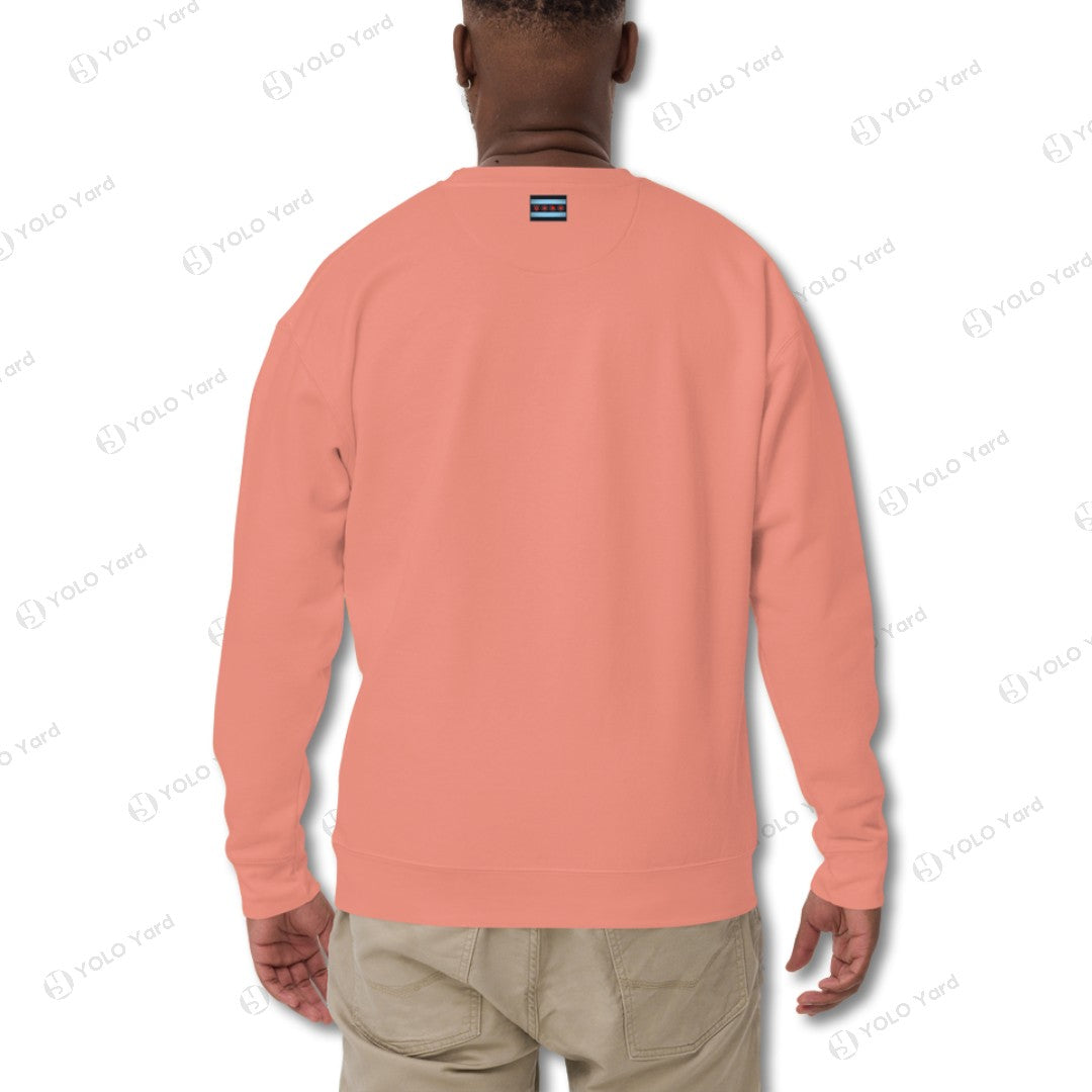 Back view of peach YOLO-Chicago Flag Ultra-Soft Premium Crew Neck Sweater highlighting its clean design and premium stitching details.