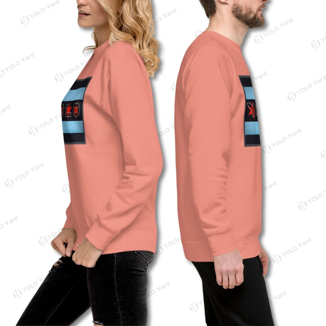 Side view of peach YOLO-Chicago Flag Ultra-Soft Premium Crew Neck Sweater worn by male and female models, showcasing its unisex fit and design.