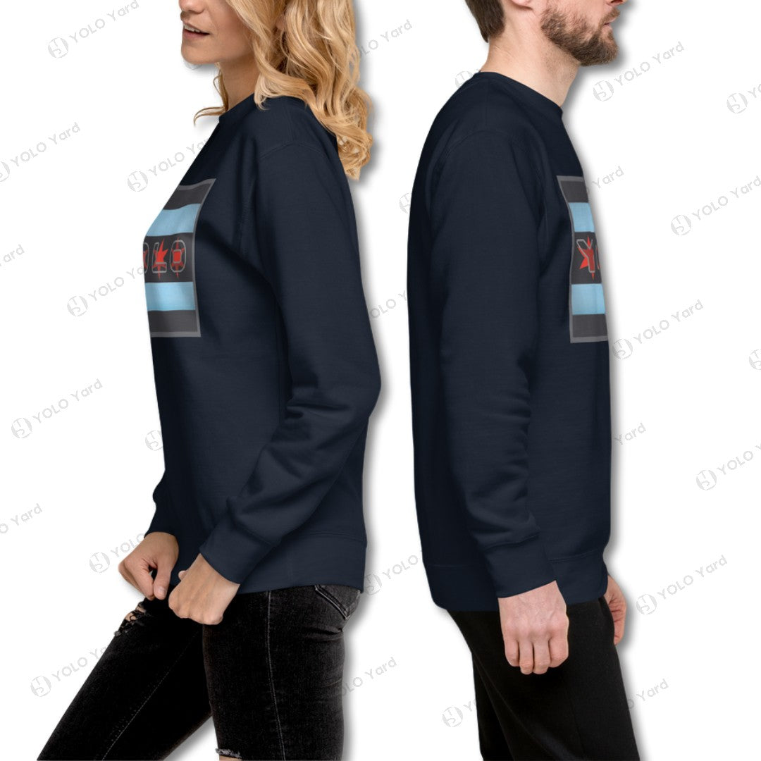 Side view of navy blue YOLO-Chicago Flag Ultra-Soft Premium Crew Neck Sweater worn by male and female models, showcasing its unisex fit and design.