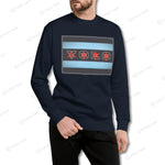 Navy blue YOLO-Chicago Flag Ultra-Soft Premium Crew Neck Sweater with a striking Chicago flag-inspired design in red and blue tones.