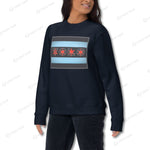 Navy blue unisex YOLO-Chicago Flag Ultra-Soft Premium Crew Neck Sweater styled for women, featuring a Chicago flag-inspired design.