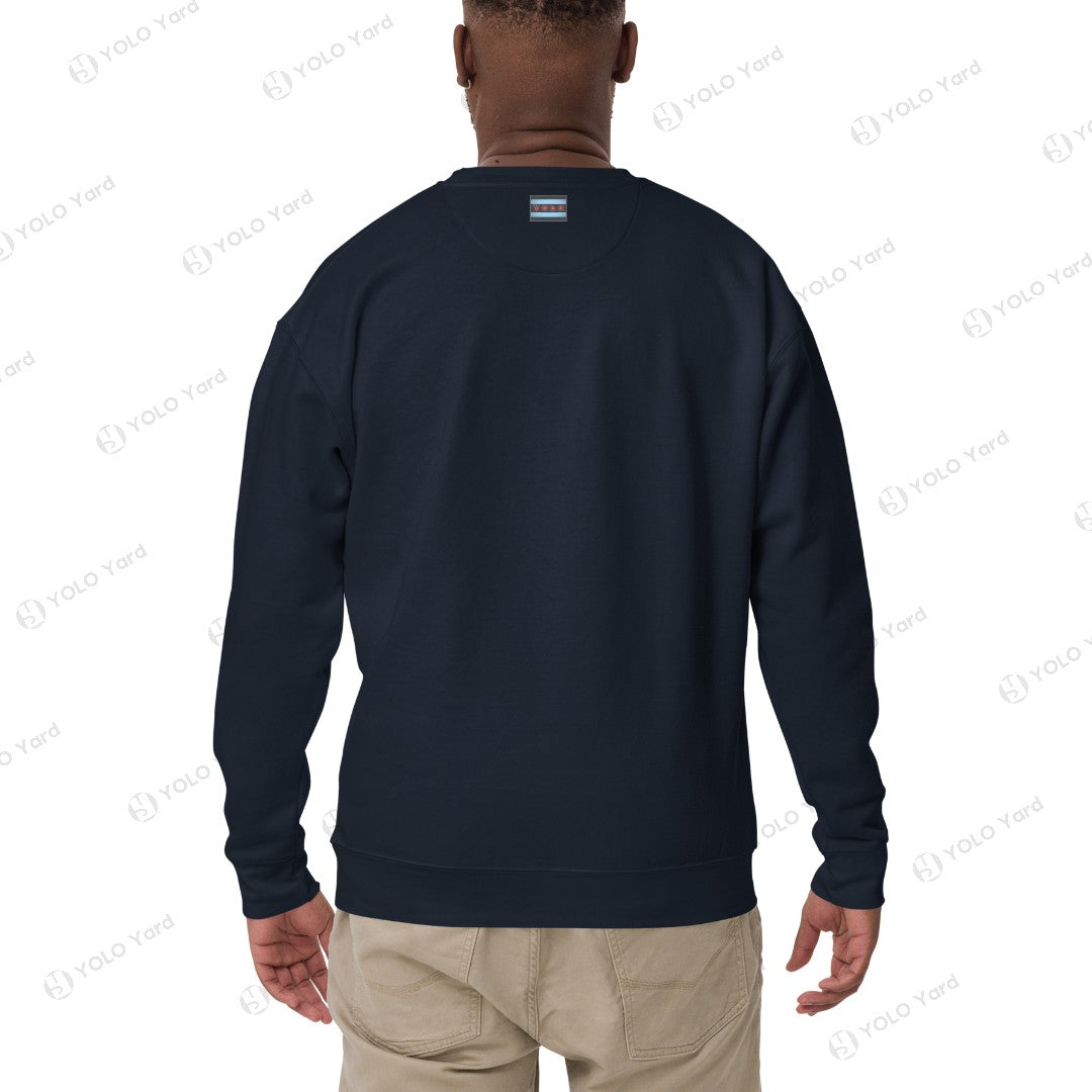 Back view of navy blue YOLO-Chicago Flag Ultra-Soft Premium Crew Neck Sweater highlighting its clean design and premium stitching details.