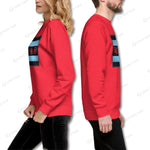 Side view of red YOLO-Chicago Flag Ultra-Soft Premium Crew Neck Sweater worn by male and female models, showcasing its unisex fit and design.