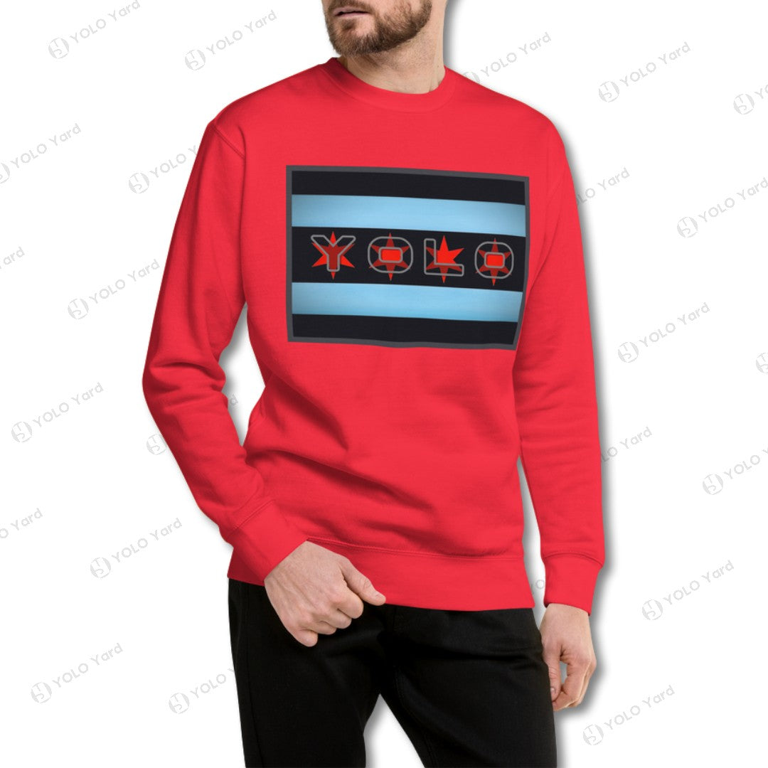 Red YOLO-Chicago Flag Ultra-Soft Premium Crew Neck Sweater with a Chicago flag-inspired design in contrasting red and blue colors.