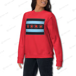 Red unisex YOLO-Chicago Flag Ultra-Soft Premium Crew Neck Sweater styled for women, featuring a Chicago flag-inspired design.