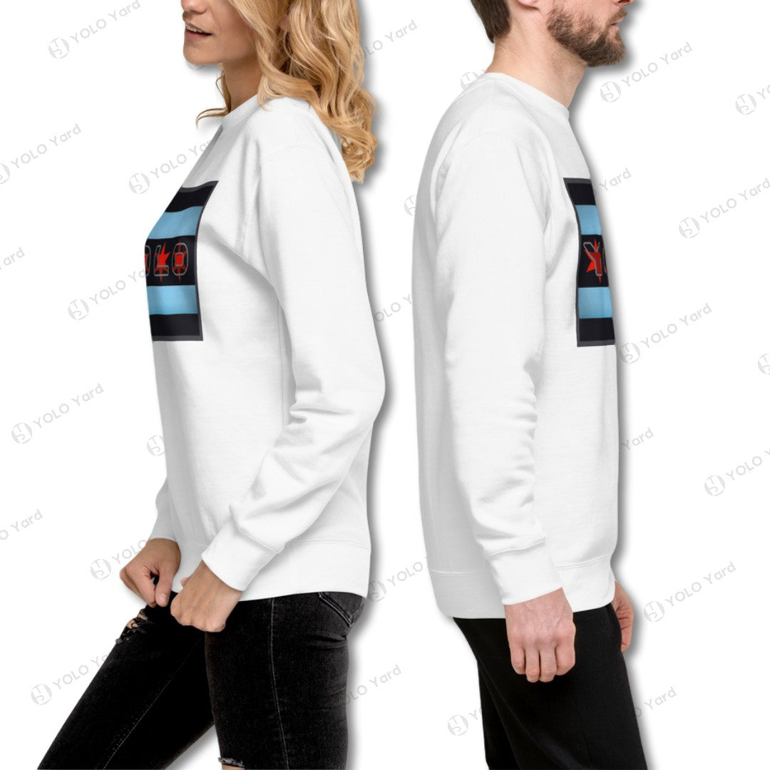 Side view of white YOLO-Chicago Flag Ultra-Soft Premium Crew Neck Sweater worn by male and female models, showcasing its unisex fit and design.