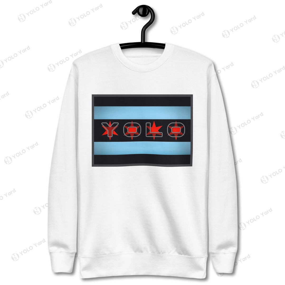 White YOLO-Chicago Flag Ultra-Soft Premium Crew Neck Sweater on a hanger, showcasing its bold Chicago flag-inspired design.