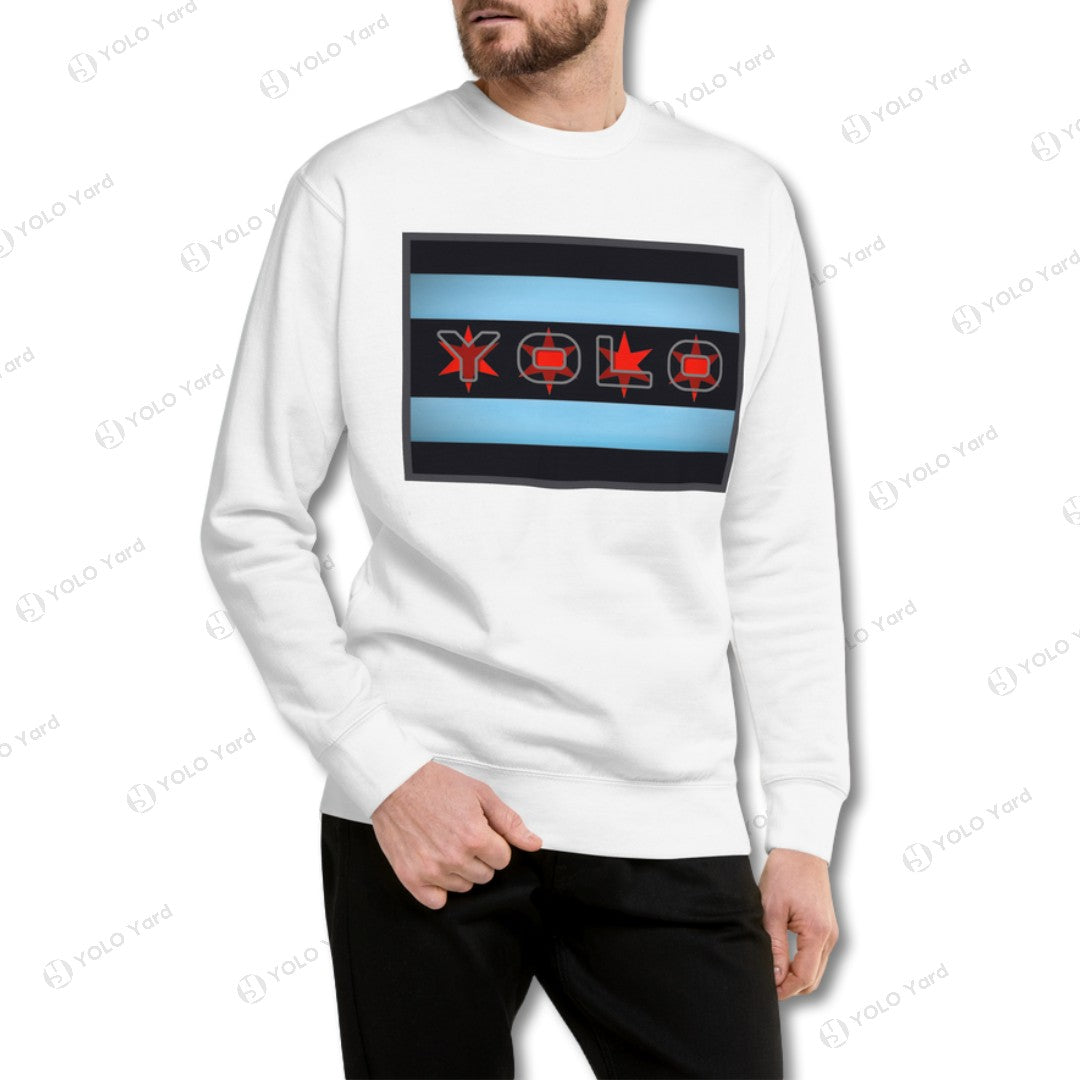 White YOLO-Chicago Flag Ultra-Soft Premium Crew Neck Sweater featuring a bold Chicago flag-inspired design with red and blue accents.