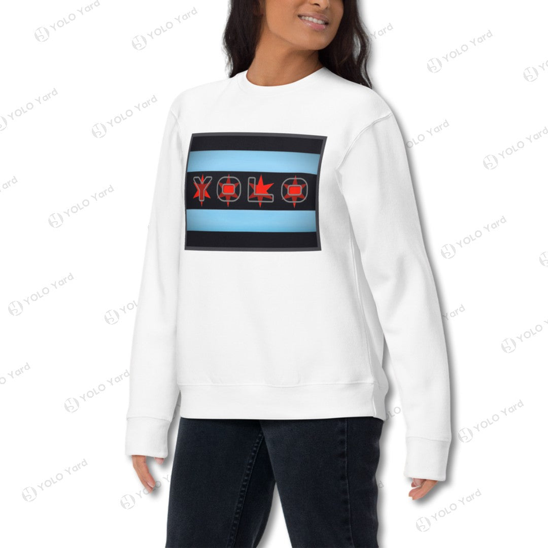 White unisex YOLO-Chicago Flag Ultra-Soft Premium Crew Neck Sweater styled for women, featuring a Chicago flag-inspired design in red and blue.