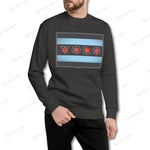 Charcoal gray YOLO-Chicago Flag Ultra-Soft Premium Crew Neck Sweater featuring a Chicago flag-inspired design with bold red and blue highlights.