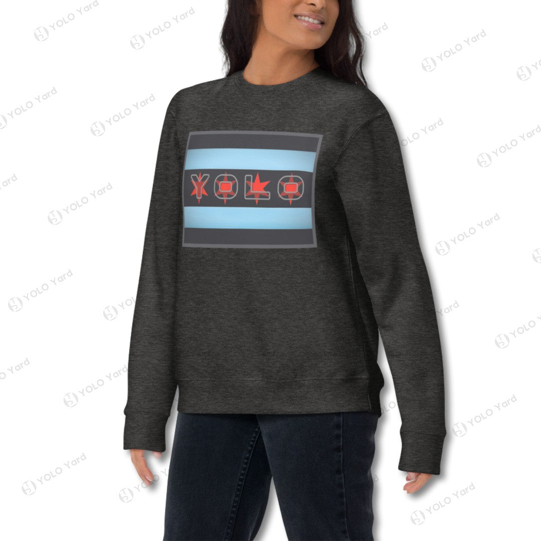 Charcoal gray unisex YOLO-Chicago Flag Ultra-Soft Premium Crew Neck Sweater styled for women, featuring a Chicago flag-inspired design.