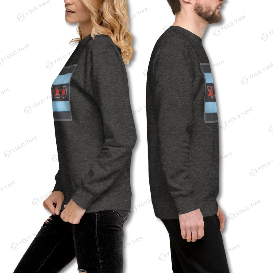 Side view of charcoal gray YOLO-Chicago Flag Ultra-Soft Premium Crew Neck Sweater worn by male and female models, showcasing its unisex fit and design.