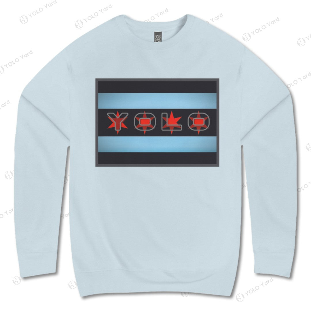 Light blue YOLO-Chicago Flag Ultra-Soft Premium Crew Neck Sweater with a Chicago flag-inspired design featuring bold red and blue details.