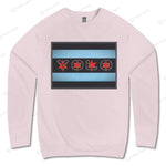 Light pink YOLO-Chicago Flag Ultra-Soft Premium Crew Neck Sweater featuring a Chicago flag-inspired design with red and blue highlights.