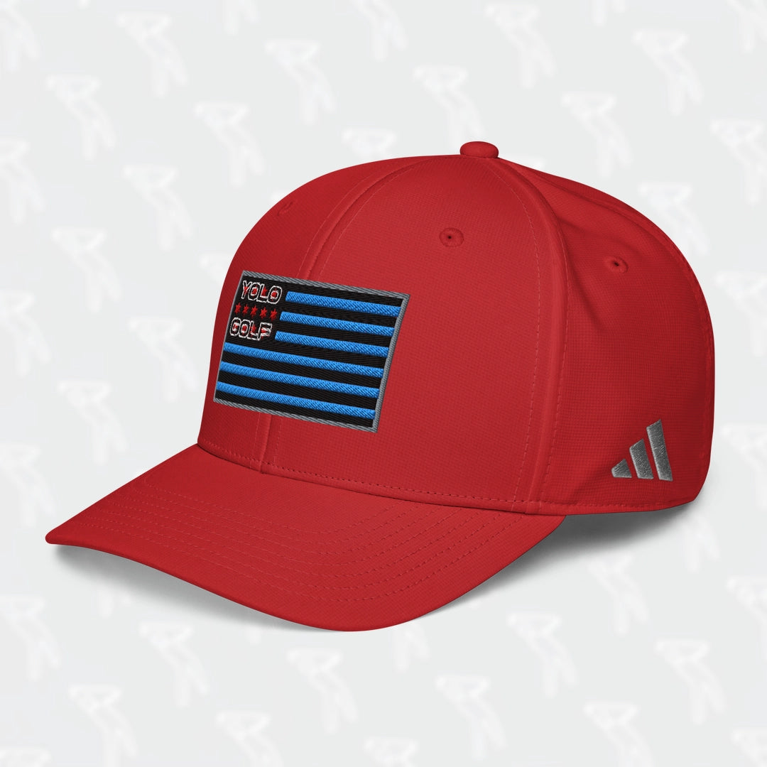 Red YOLO Golf-USA Flag adidas Performance Cap featuring an embroidered USA-inspired flag design with YOLO Golf branding on the front panel.