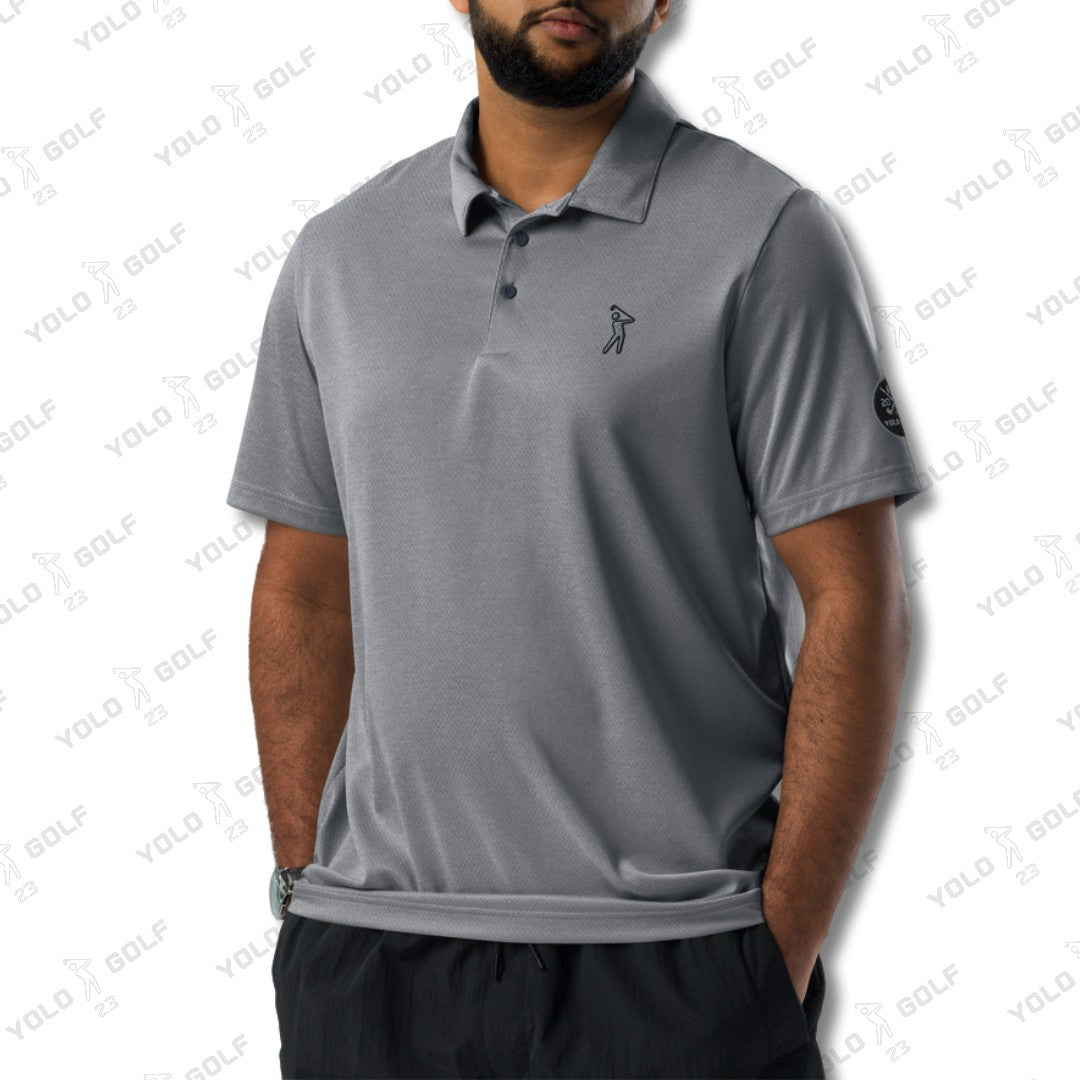 Space-Dyed Polo Shirt from YOLO Golf-adidas X Signature Black Edition in sleek gray with a modern fit. Features subtle branding and a stylish, contemporary design.