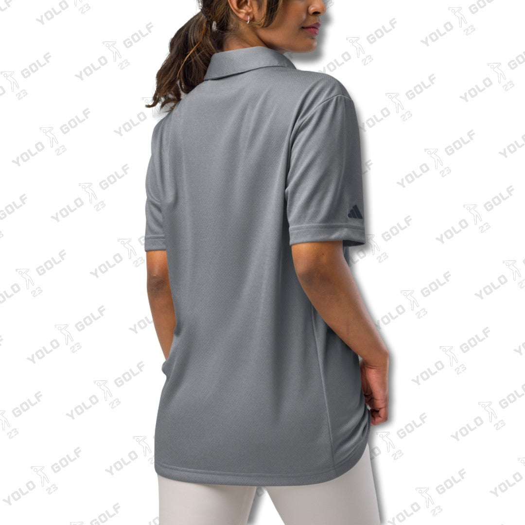 Space-Dyed Polo Shirt from YOLO Golf-adidas X Signature Black Edition in sleek gray with a modern fit. Features subtle branding and a stylish, contemporary design.