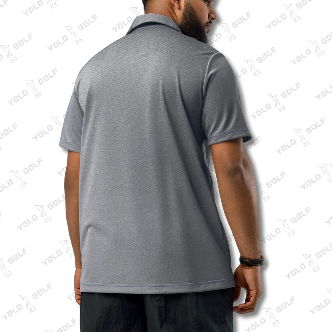 Space-Dyed Polo Shirt from YOLO Golf-adidas X Signature Black Edition in sleek gray with a modern fit. Features subtle branding and a stylish, contemporary design.