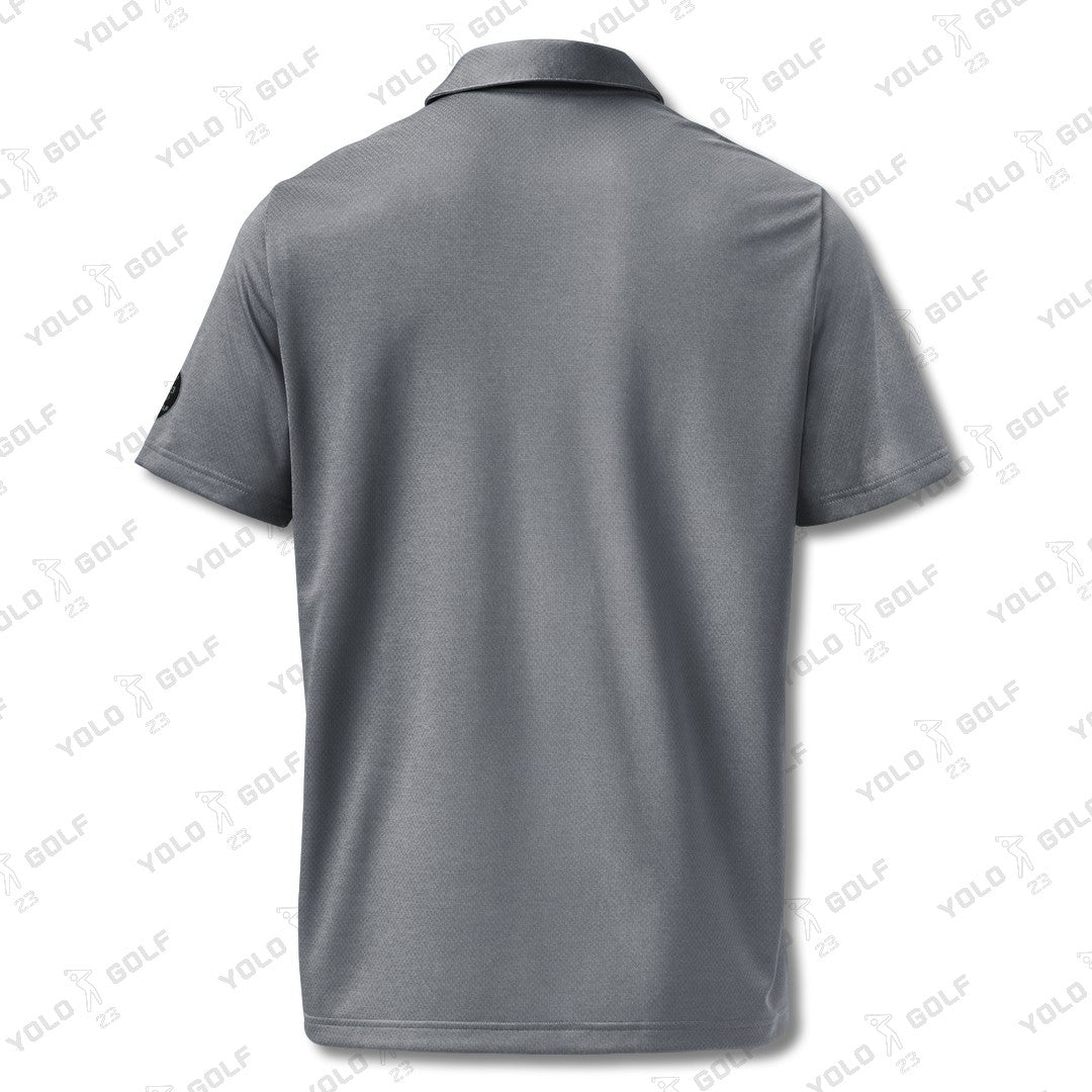 Space-Dyed Polo Shirt from YOLO Golf-adidas X Signature Black Edition in sleek gray with a modern fit. Features subtle branding and a stylish, contemporary design.