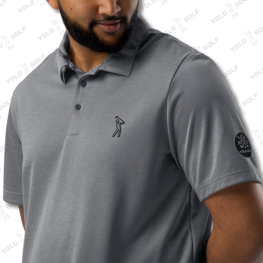 Space-Dyed Polo Shirt from YOLO Golf-adidas X Signature Black Edition in sleek gray with a modern fit. Features subtle branding and a stylish, contemporary design.