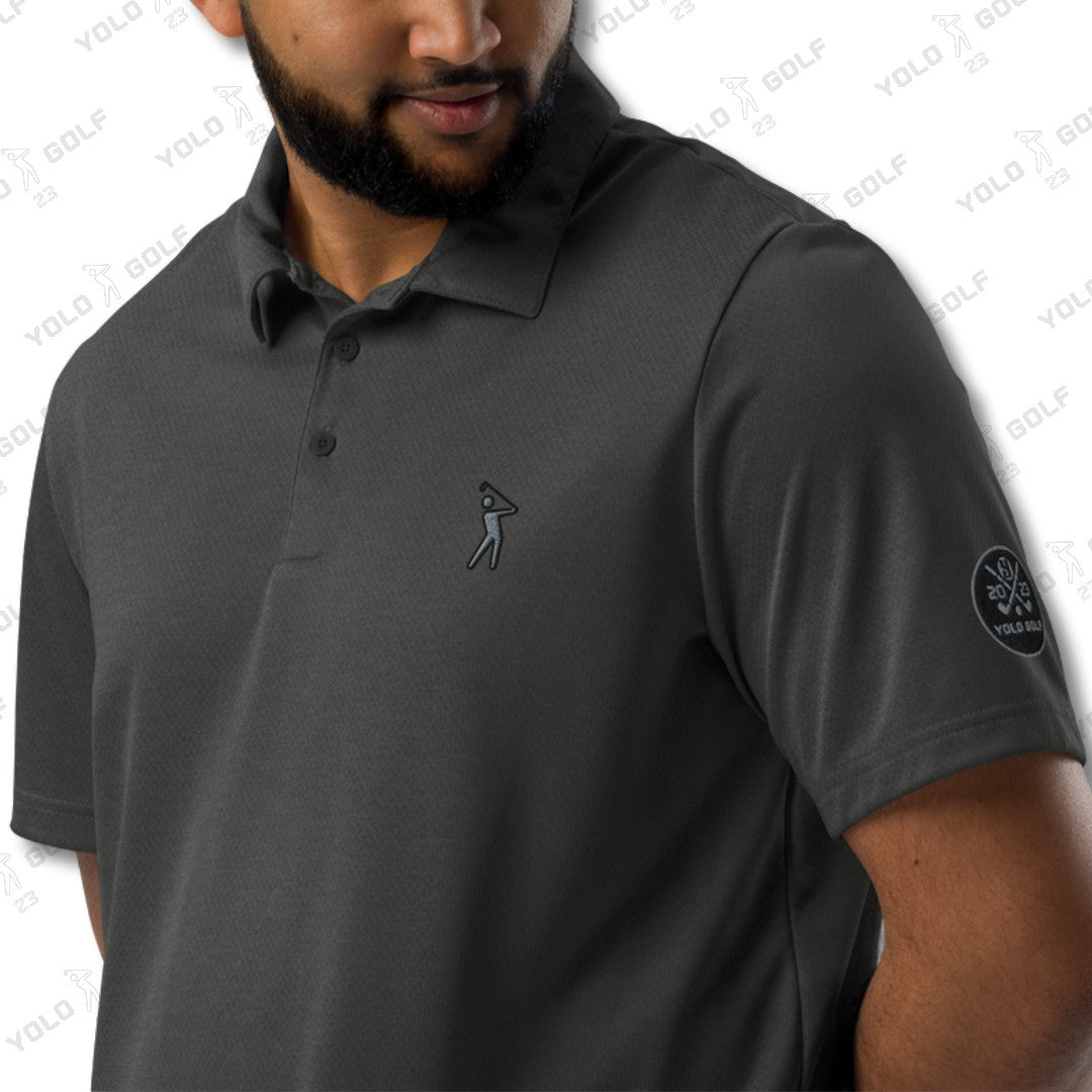 Space-Dyed Polo Shirt from YOLO Golf-adidas X Signature Black Edition in sleek black with a modern fit. Features subtle branding and a stylish, contemporary design.