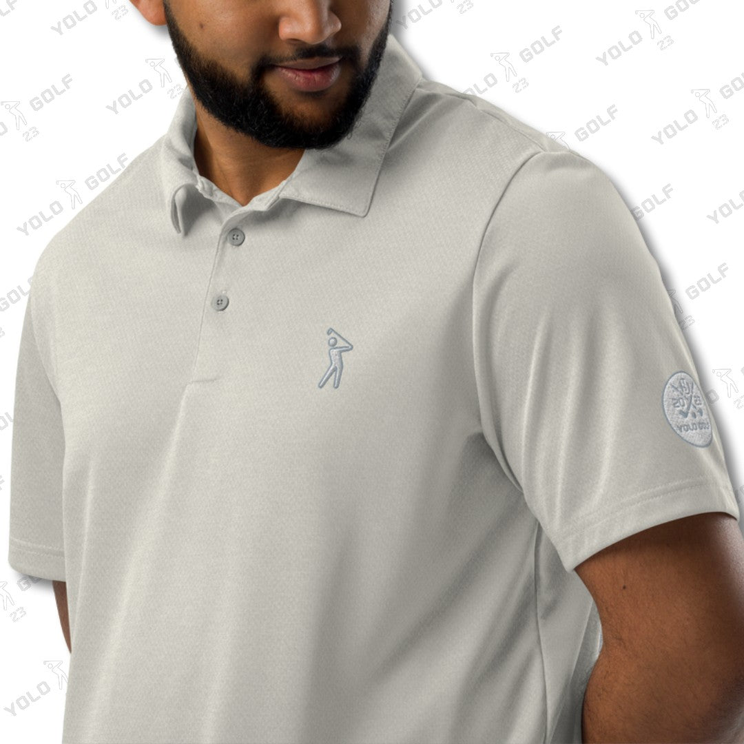 Space-Dyed Polo Shirt from YOLO Golf-adidas X in Heather Gray with modern fit and sleek space-dyed pattern, ideal for golf and athleisure wear.