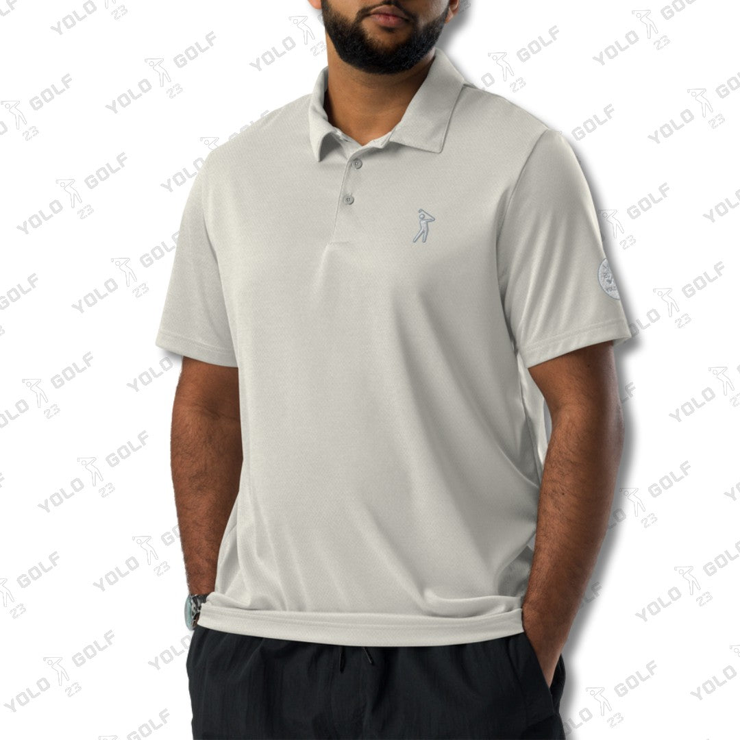 Space-Dyed Polo Shirt from YOLO Golf-adidas X in Heather Gray with modern fit and sleek space-dyed pattern, ideal for golf and athleisure wear.