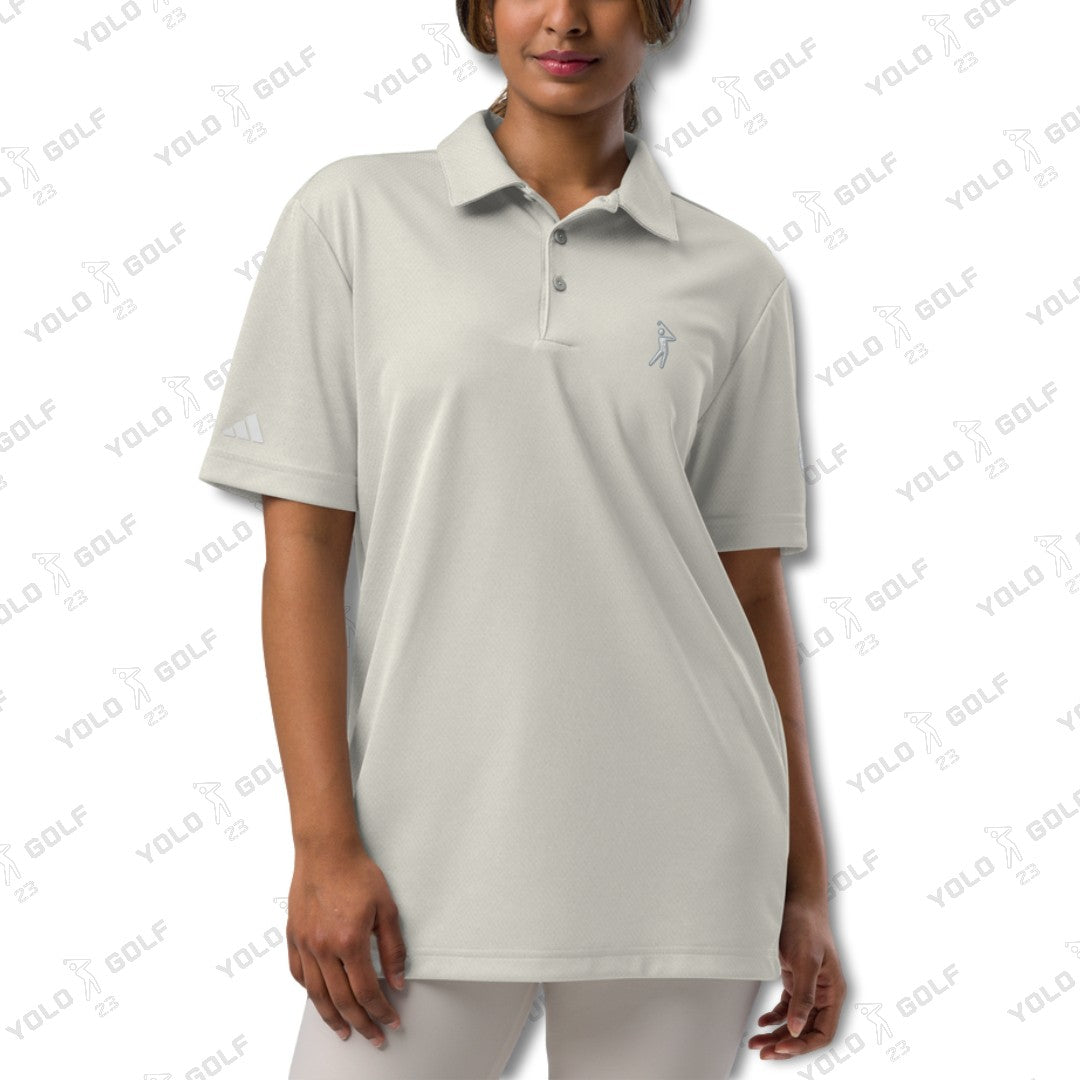 Space-Dyed Polo Shirt from YOLO Golf-adidas X in Heather Gray with modern fit and sleek space-dyed pattern, ideal for golf and athleisure wear.