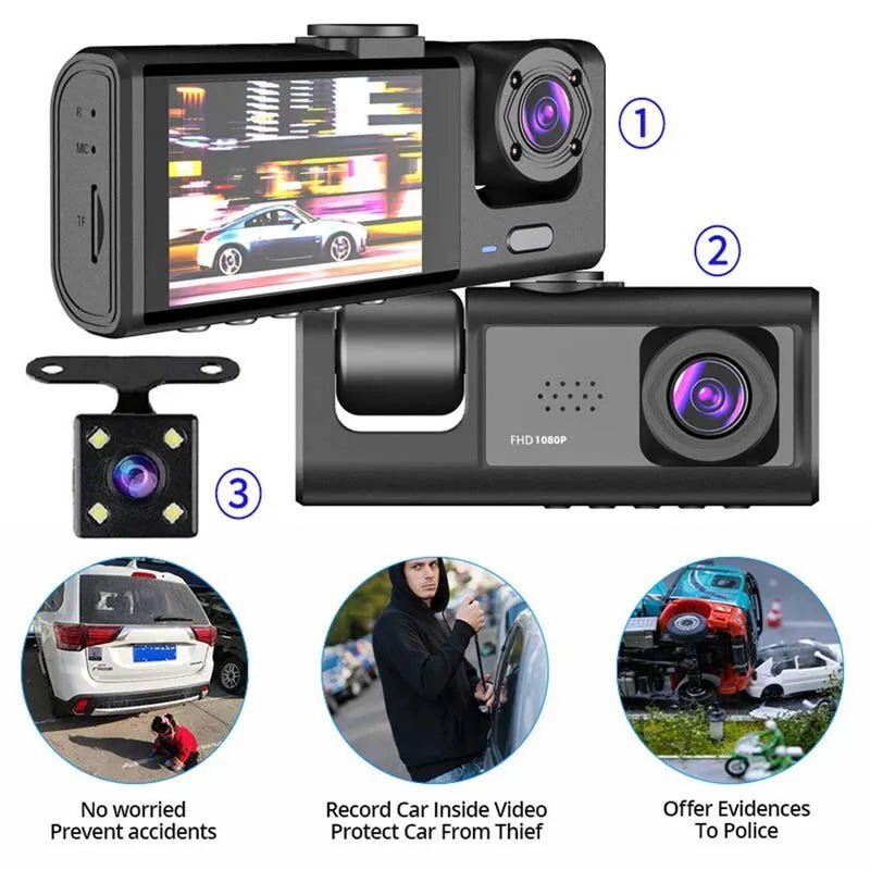 Shop Dash Cam W/ IR Night Vision Loop Recording & 2" IPS Screen 3 Camera 1080P HD on sale