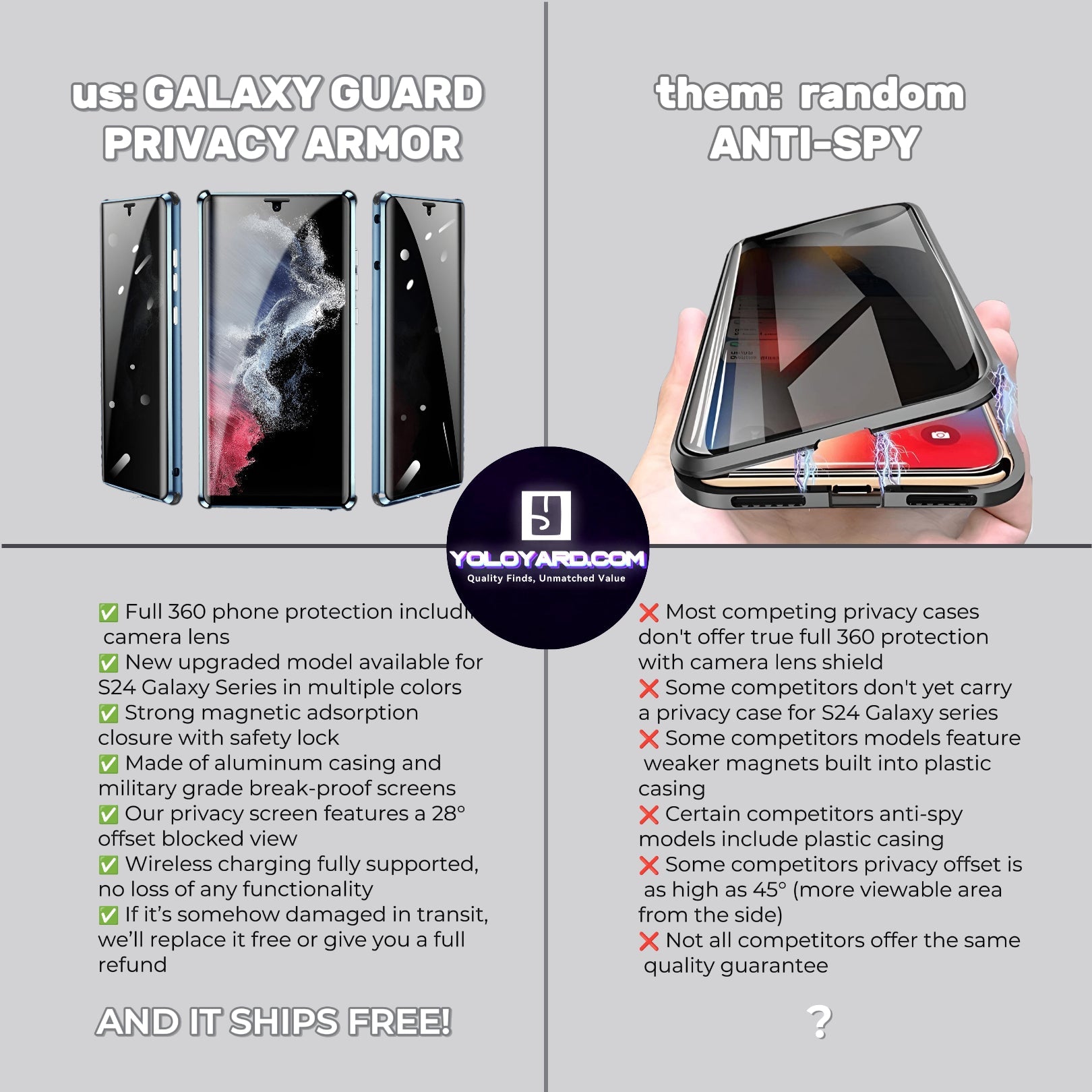 Galaxy Guard Magnetic Privacy Armor (S24 - S22) Aluminum Alloy Frame Magnetic Closure 360 Protection Privacy Phone Case