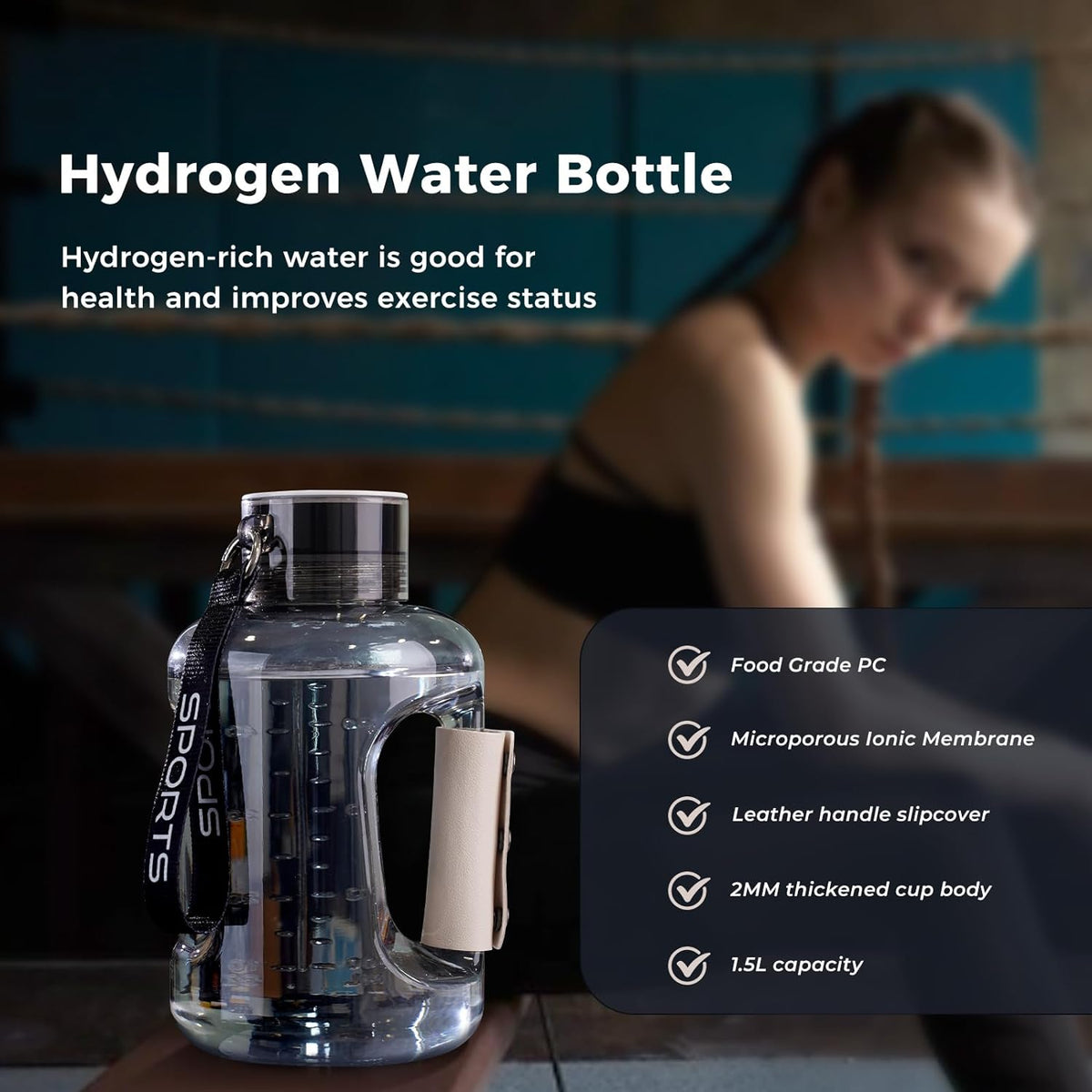 HydroBoost H2 1.5L Sports Bottle | Hydrogen Water Ionizer | High - Capacity 1500ml (50oz) | Carrying Strap | Leather Handle trending Hydrogen Water Ionizer Bottle YOLO Yard