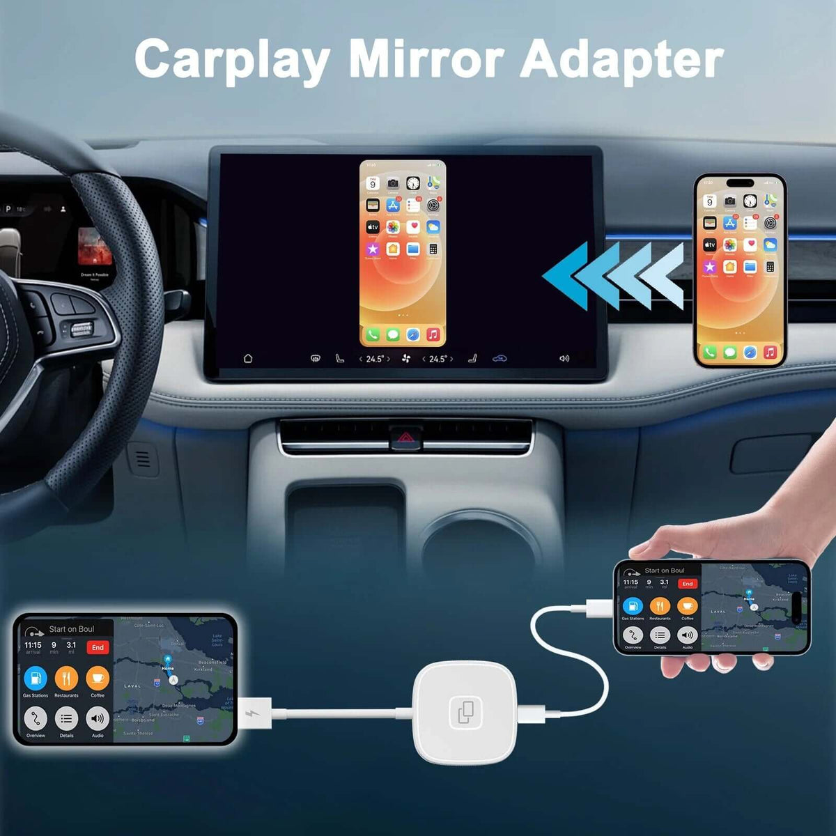 iPhone® to Car Screen Mirror Adapter for Carplay | Phone-to-Car Display via USB - YOLO Yard iPhone Mirror Adapter Adapter AI