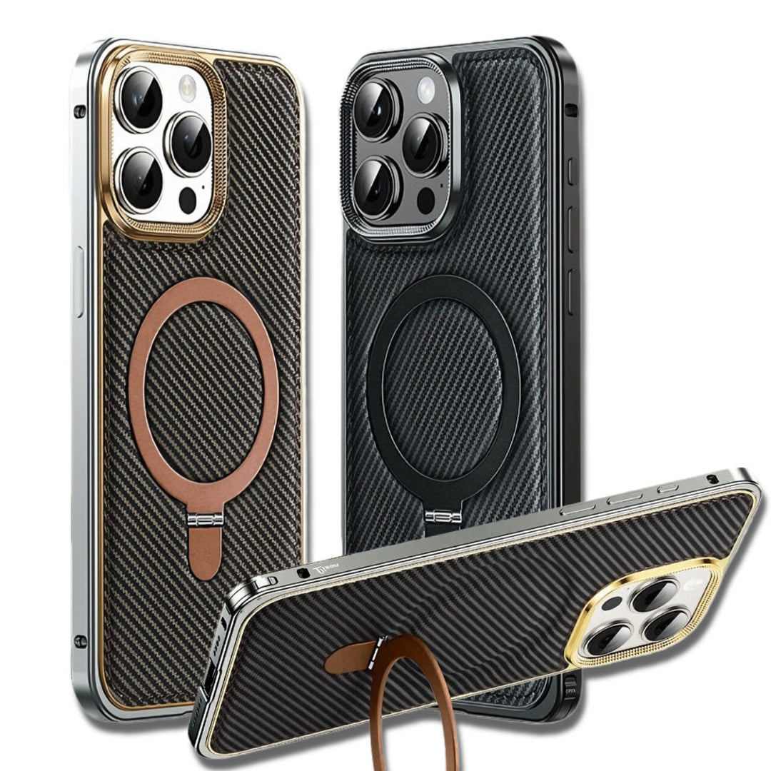 Shop LeatherLuxe: Carbon Texture Ring Stand MagSafe iPhone Case | Premium Leather | Aluminum on sale