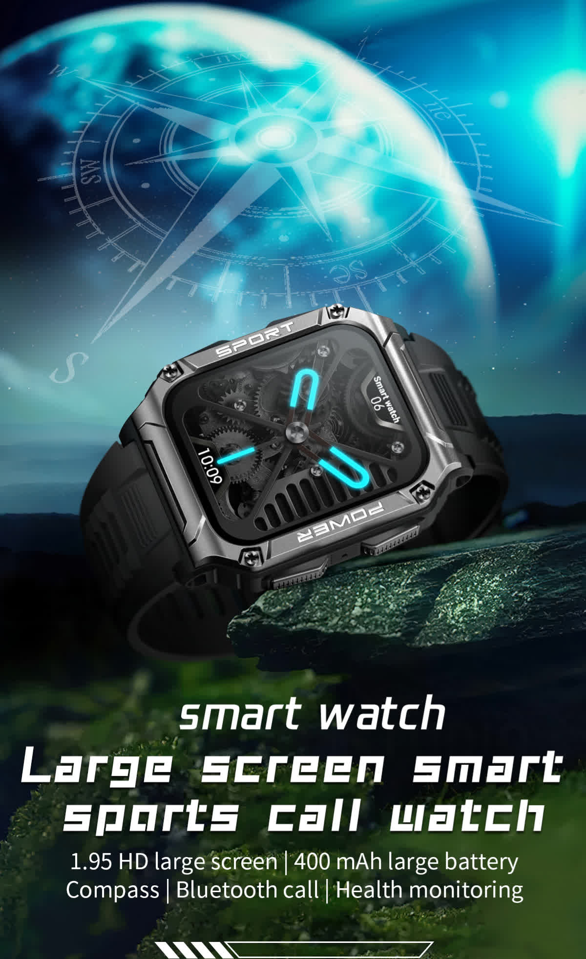 PowerSport 1.95in (50mm) Smart Watch Health Monitoring BT 5.1 Calls Audio Compass Activity Mode Waterproof IP68 YOLO trending