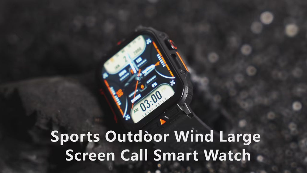 Black smart watch with large screen, designed for outdoor sports, featuring health monitoring and Bluetooth call functionality.